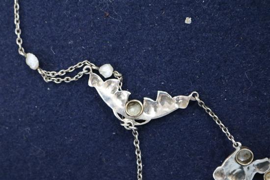 An early 20th century Art Nouveau white metal, enamel and seed pearl necklace, approx. 40cm.